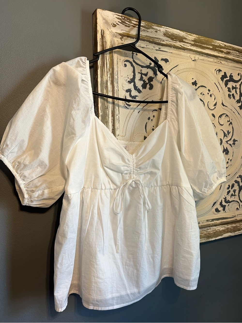 LC Lauren Conrad White Puff-Sleeve Drawstring Peasant Top
